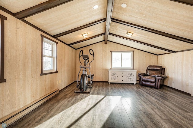 exercise room with baseboard heating, lofted ceiling, dark wood-type flooring, and wood walls