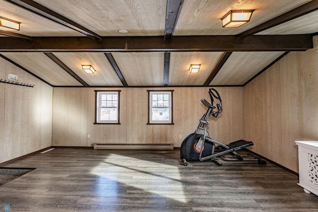 exercise room featuring lofted ceiling, dark wood-type flooring, baseboard heating, and wood walls