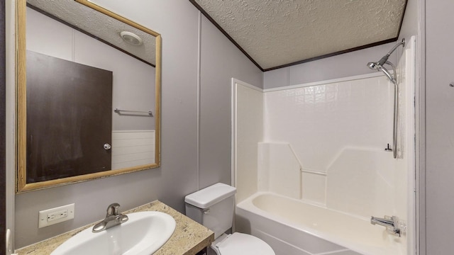 full bathroom with toilet, crown molding, a textured ceiling, shower / tub combination, and vanity