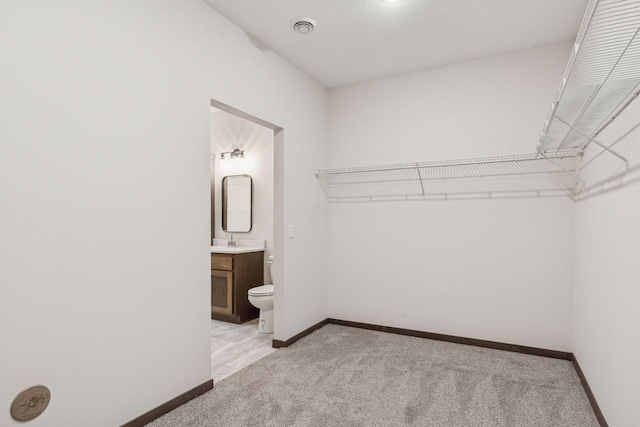 spacious closet with light colored carpet and sink