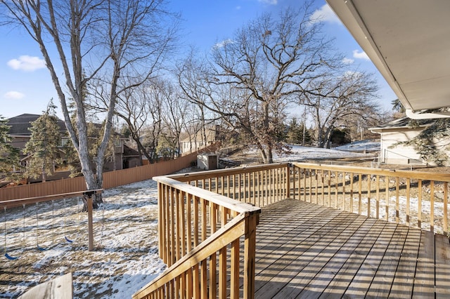 view of snow covered deck