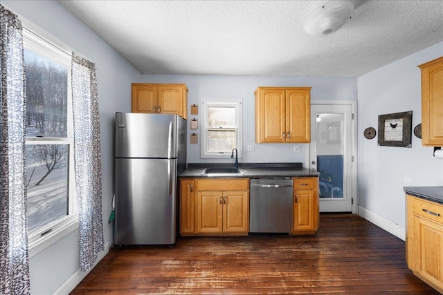 kitchen featuring dark hardwood / wood-style flooring, sink, a wealth of natural light, and stainless steel appliances