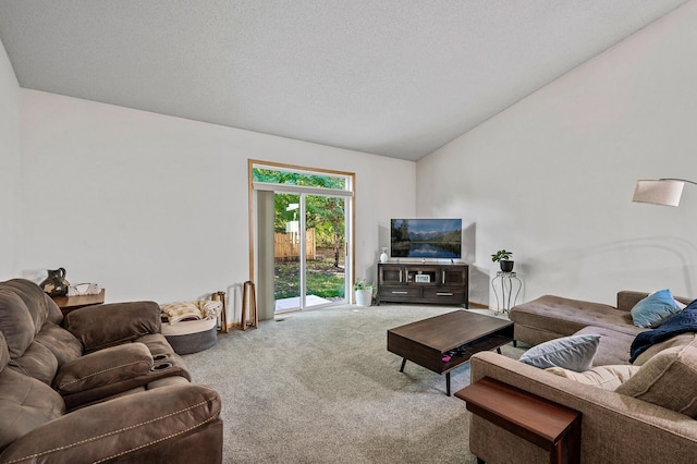 living room with carpet, lofted ceiling, and a textured ceiling