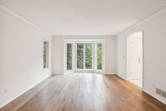 empty room featuring crown molding, light hardwood / wood-style floors, and a wealth of natural light