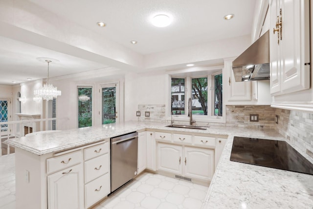 kitchen featuring dishwasher, sink, exhaust hood, kitchen peninsula, and black electric cooktop