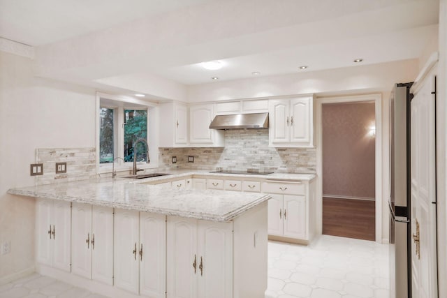 kitchen featuring kitchen peninsula, sink, and white cabinets