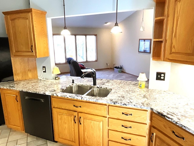 kitchen featuring sink, light stone counters, hanging light fixtures, kitchen peninsula, and dishwasher