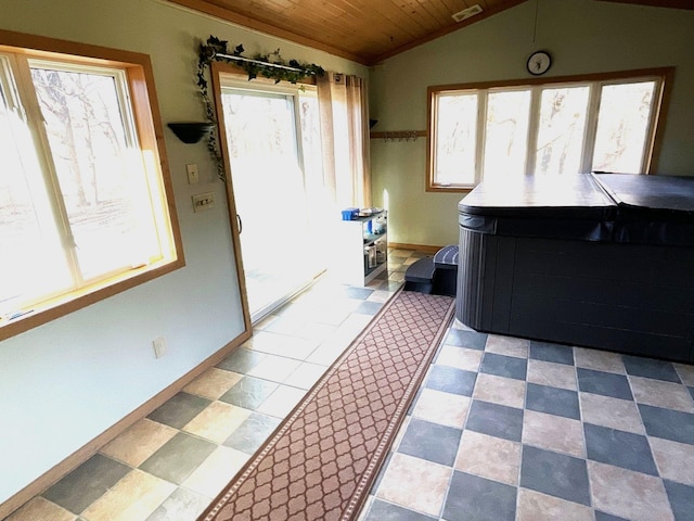 misc room featuring vaulted ceiling and wooden ceiling