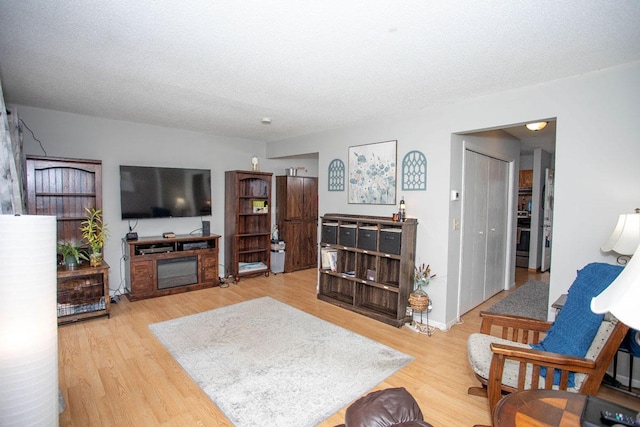 living room with a textured ceiling and light hardwood / wood-style flooring