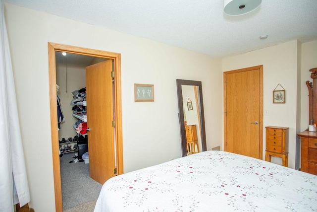 carpeted bedroom featuring a spacious closet, a closet, and a textured ceiling