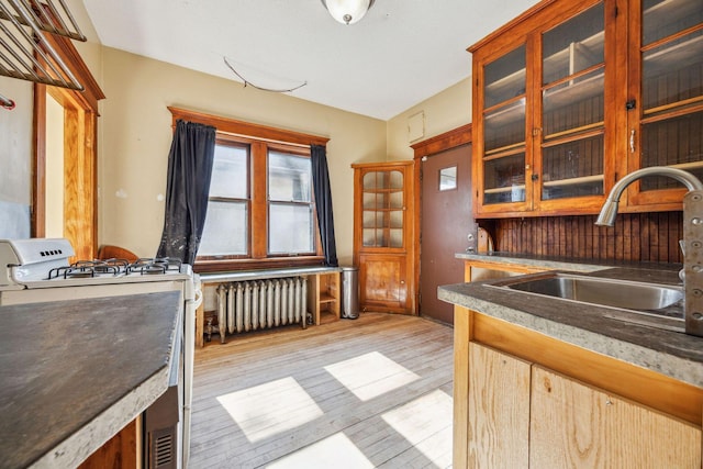 kitchen with gas range gas stove, light wood finished floors, radiator heating unit, glass insert cabinets, and a sink