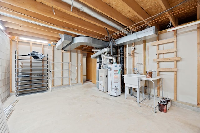 basement with sink and water heater