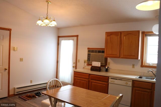 kitchen with sink, dishwasher, hardwood / wood-style floors, a baseboard heating unit, and decorative light fixtures