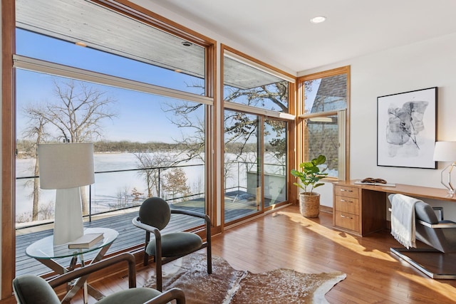 office featuring a healthy amount of sunlight, expansive windows, and wood-type flooring