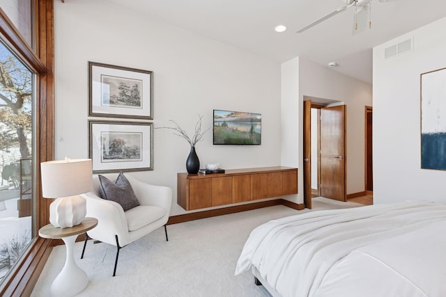 bedroom with visible vents, ceiling fan, baseboards, light carpet, and recessed lighting