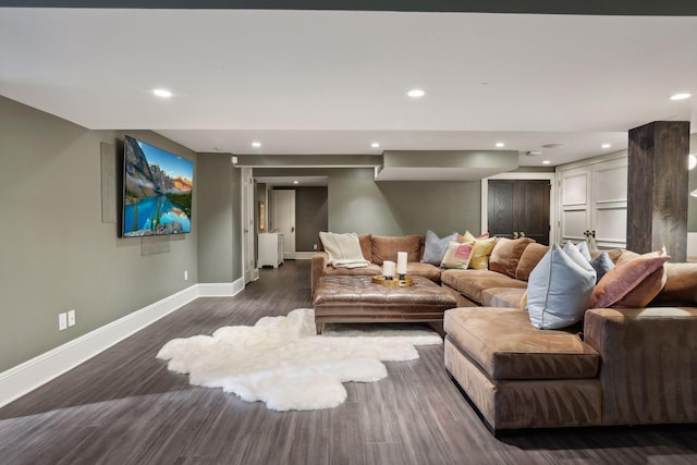 living room featuring dark wood-type flooring