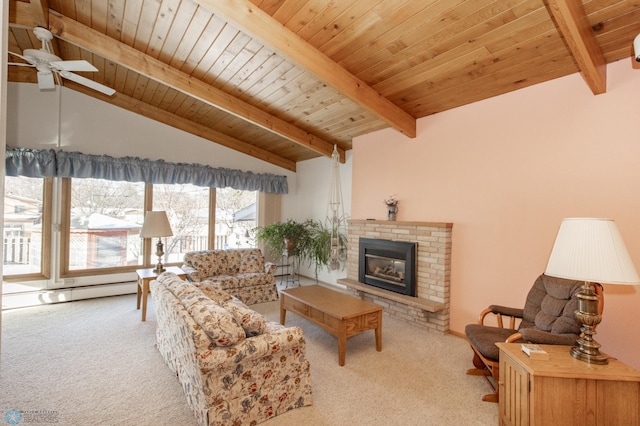 carpeted living room featuring wooden ceiling, a fireplace, and vaulted ceiling with beams