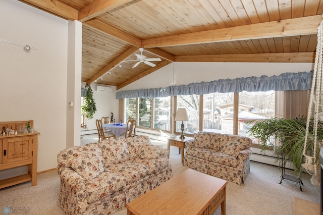 living room featuring a wall mounted air conditioner, lofted ceiling with beams, a baseboard radiator, ceiling fan, and light carpet