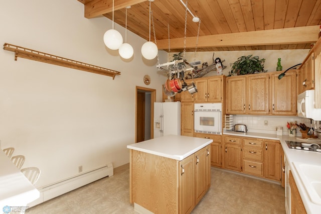 kitchen featuring vaulted ceiling with beams, a center island, pendant lighting, white appliances, and a baseboard heating unit