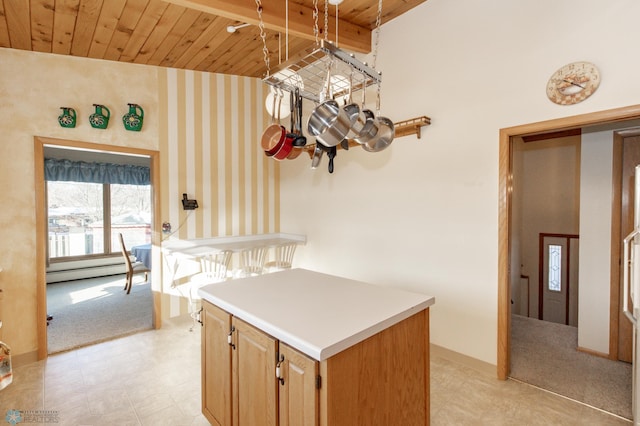 kitchen featuring a baseboard radiator, light colored carpet, wood ceiling, and decorative light fixtures