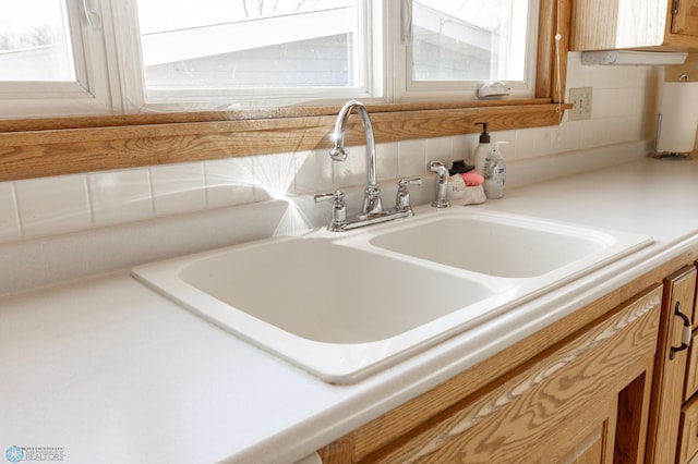 room details featuring tasteful backsplash and sink