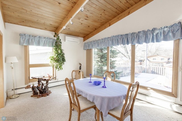 dining room with lofted ceiling with beams, wooden ceiling, an AC wall unit, track lighting, and carpet