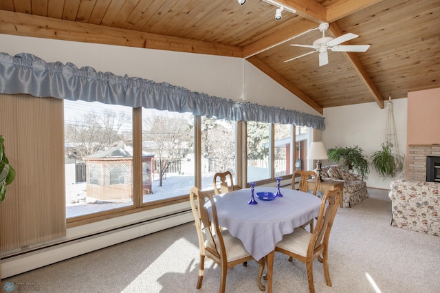 dining space featuring lofted ceiling with beams, carpet, a baseboard heating unit, ceiling fan, and wood ceiling