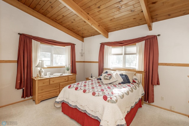 carpeted bedroom featuring lofted ceiling with beams, wood ceiling, and multiple windows