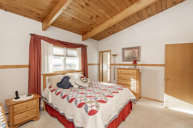 carpeted bedroom with wooden ceiling and vaulted ceiling with beams