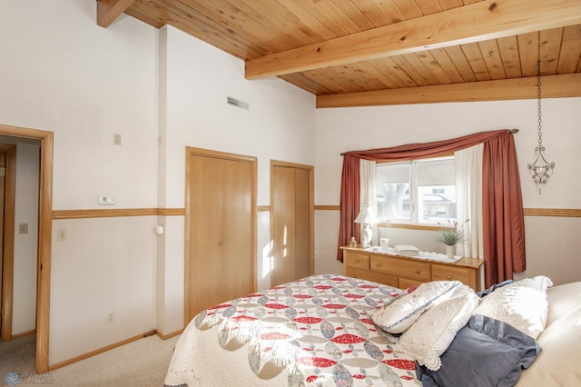 bedroom featuring carpet floors, two closets, wooden ceiling, and beam ceiling