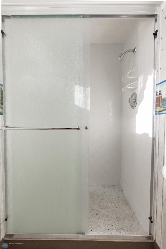 bathroom featuring a shower with door