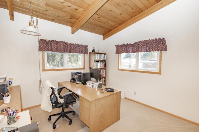 carpeted office space with vaulted ceiling with beams and wood ceiling