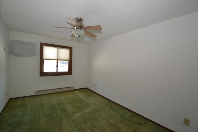 empty room with ceiling fan, dark carpet, a textured ceiling, and baseboard heating