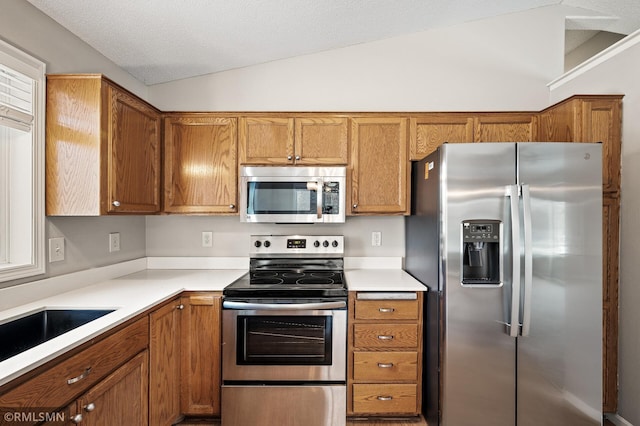 kitchen with sink, vaulted ceiling, and appliances with stainless steel finishes