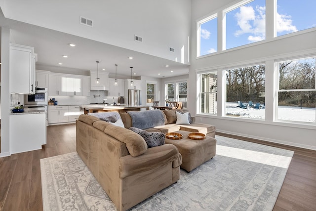 living room with hardwood / wood-style flooring, a wealth of natural light, and a towering ceiling