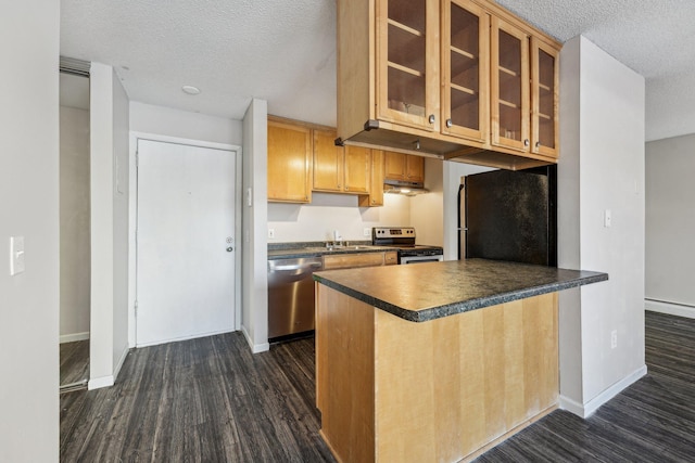 kitchen with dark wood-type flooring, stainless steel appliances, and kitchen peninsula