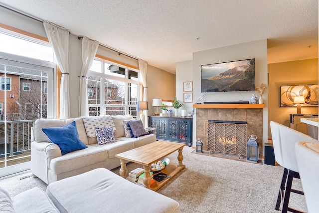 14587 Olivine Way NW, Ramsey, MN 55303 - living area featuring a textured ceiling and a tile fireplace