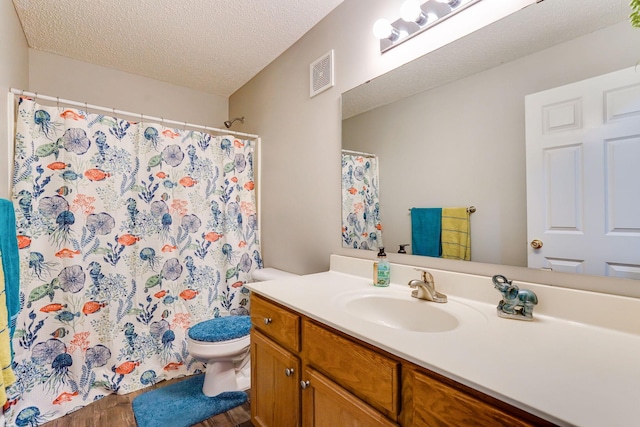 14587 Olivine Way NW, Ramsey, MN 55303 - bathroom featuring toilet, vanity, wood finished floors, a textured ceiling, and a shower with shower curtain