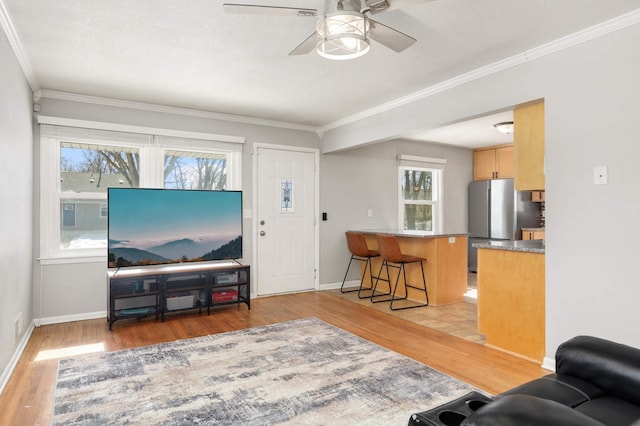 living area featuring ceiling fan, baseboards, light wood-style floors, and ornamental molding