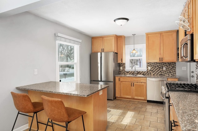 kitchen with a sink, stainless steel appliances, plenty of natural light, and backsplash