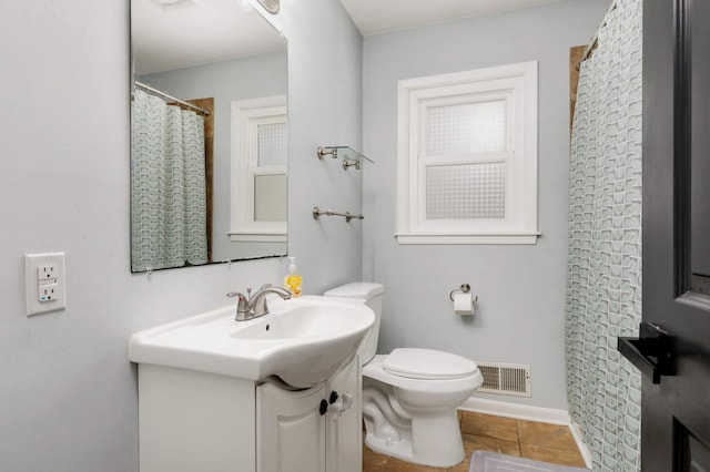 bathroom featuring tile patterned flooring, visible vents, baseboards, toilet, and vanity