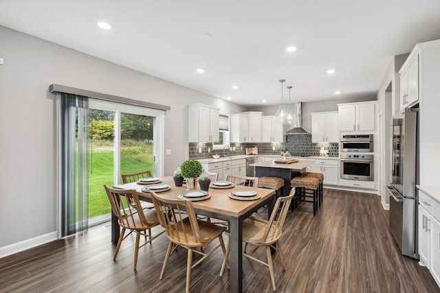 dining space featuring sink and dark wood-type flooring