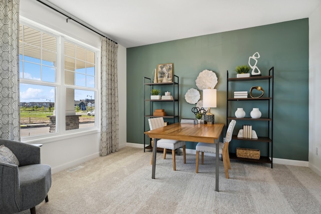 office area featuring light colored carpet