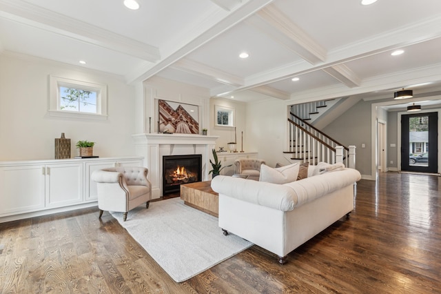 living room featuring crown molding, beam ceiling, dark wood-type flooring, and coffered ceiling