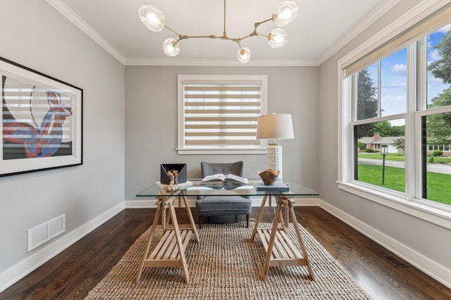 office area featuring ornamental molding, a wealth of natural light, and dark hardwood / wood-style flooring