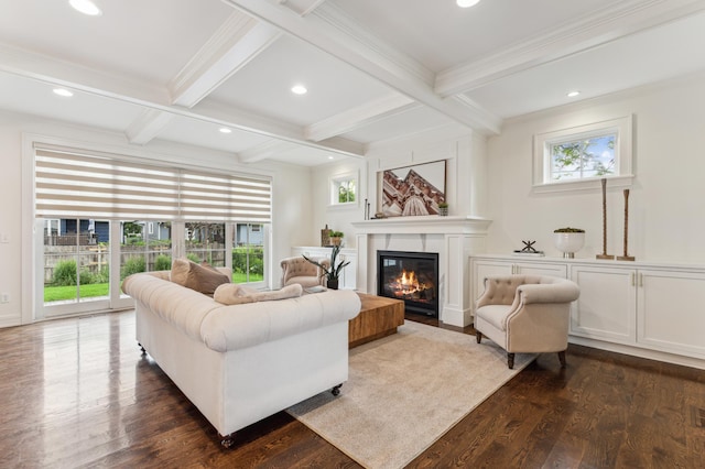 living room with beamed ceiling, coffered ceiling, dark wood-type flooring, and crown molding