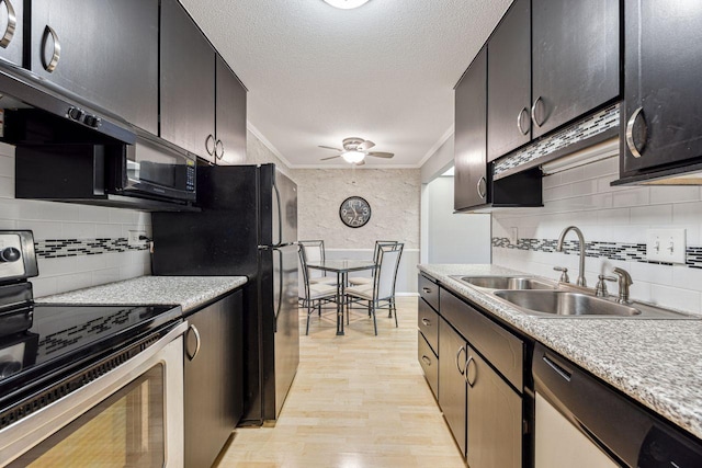 4380 Brookside Ct Unit 116, Edina, MN 55436 - kitchen with appliances with stainless steel finishes, decorative backsplash, light wood-type flooring, crown molding, and ceiling fan