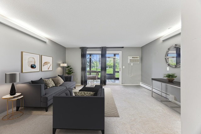 4380 Brookside Ct Unit 116, Edina, MN 55436 - carpeted living room featuring a baseboard radiator, an AC wall unit, and a textured ceiling