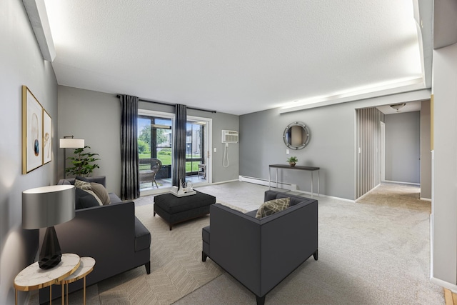 4380 Brookside Ct Unit 116, Edina, MN 55436 - living area with a baseboard heating unit, light colored carpet, a textured ceiling, and a wall unit AC