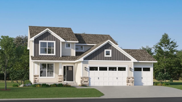 craftsman-style home featuring a garage and a front lawn